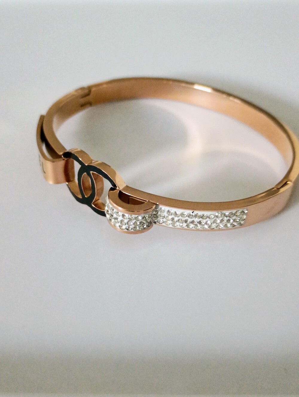 New Rose Gold Tone Crystal Logo Bangle Bracelet - Black Accents - Picture 3 of 8